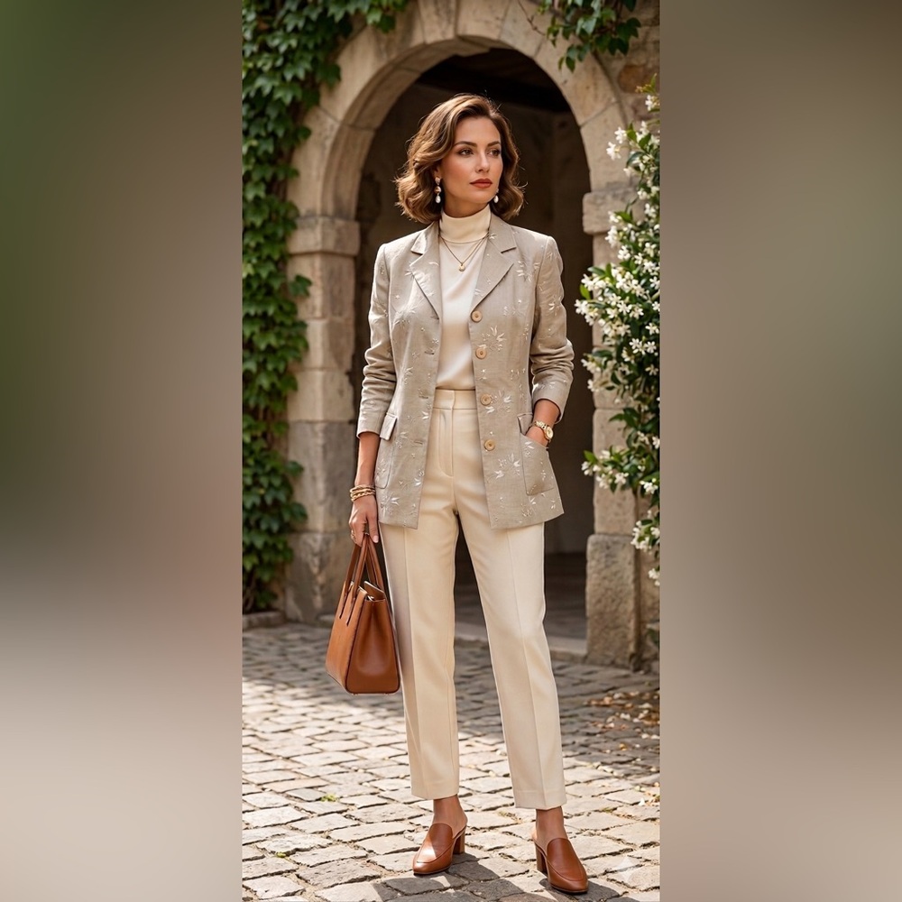 Amanda Smith Floral Embroidered Blazer Beige Button Long Sleeve Size 6‎ RN13711